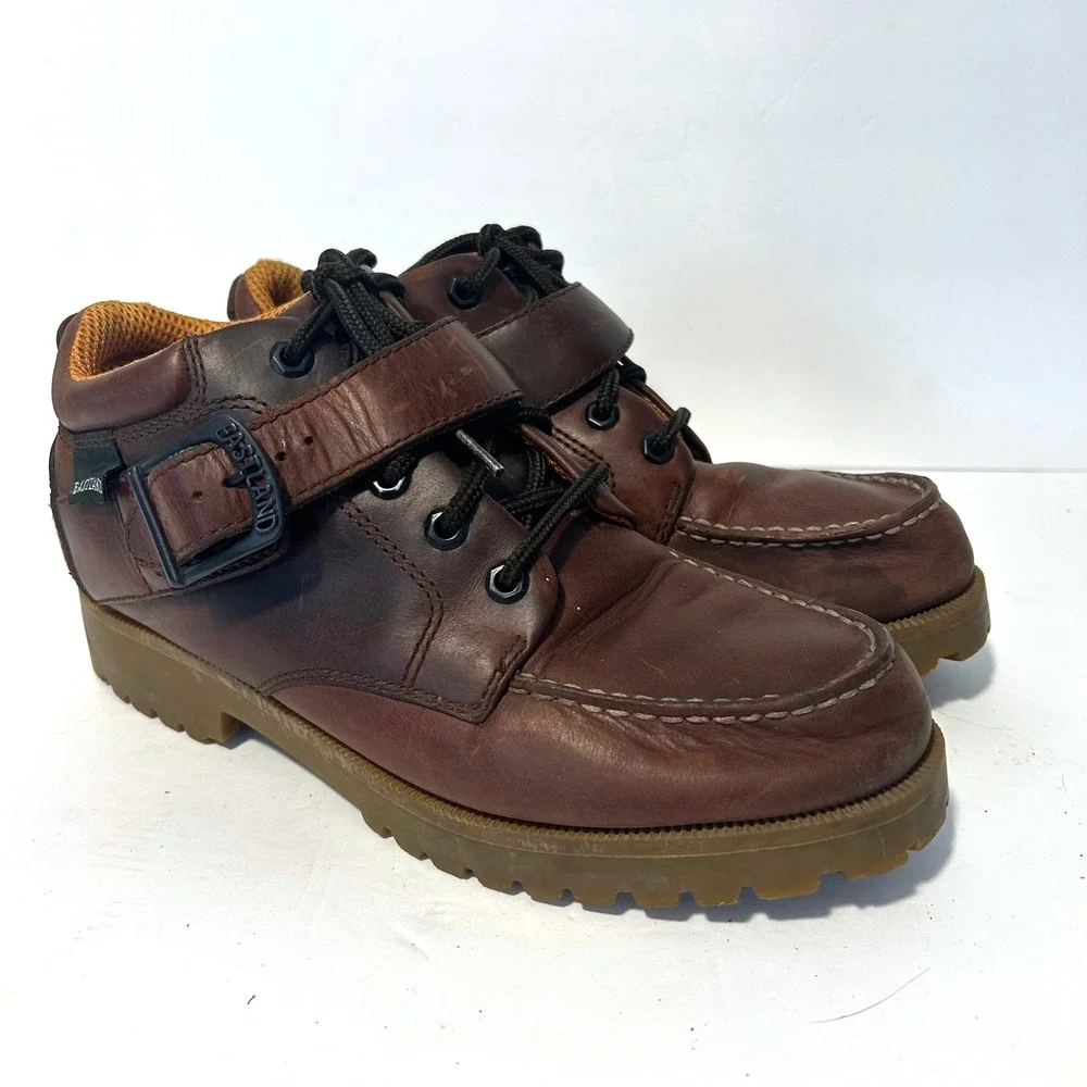 Vtg Eastland Brooklyn Moc Toe Boots Mens 9.5 Brown Buckle Strap Lug Sole Y2K